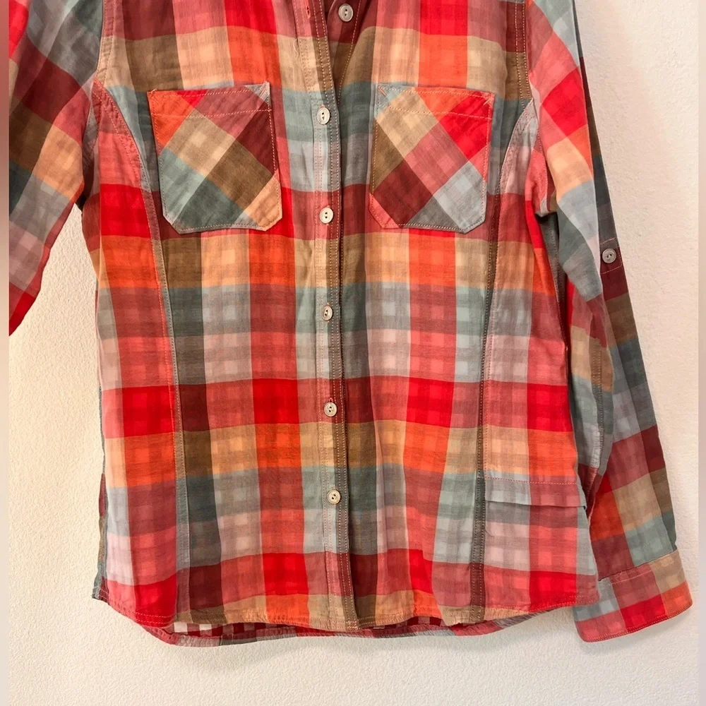 Woolrich Organic Cotton Plaid Red Orange Blue Button Down Gingham Shirt … - Picture 5 of 14